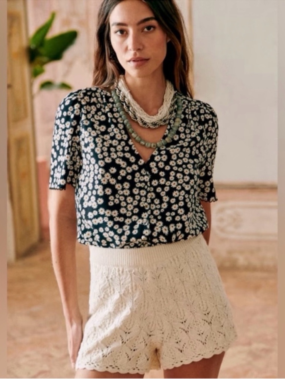 Sezane Indira Floral V-Neck Short Sleeve Blouse